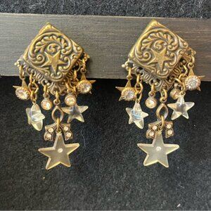 Vintage Banana Bob Bronze Star Filigree Dangle Clip On Earrings